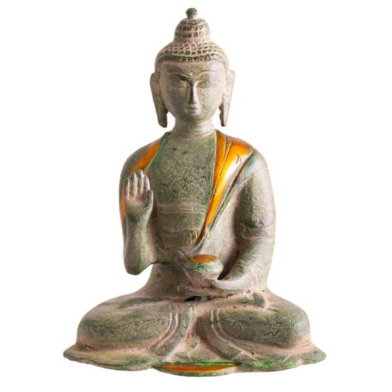 Buddha Kanakamuni, Messing, antik grün mit Gold Finish